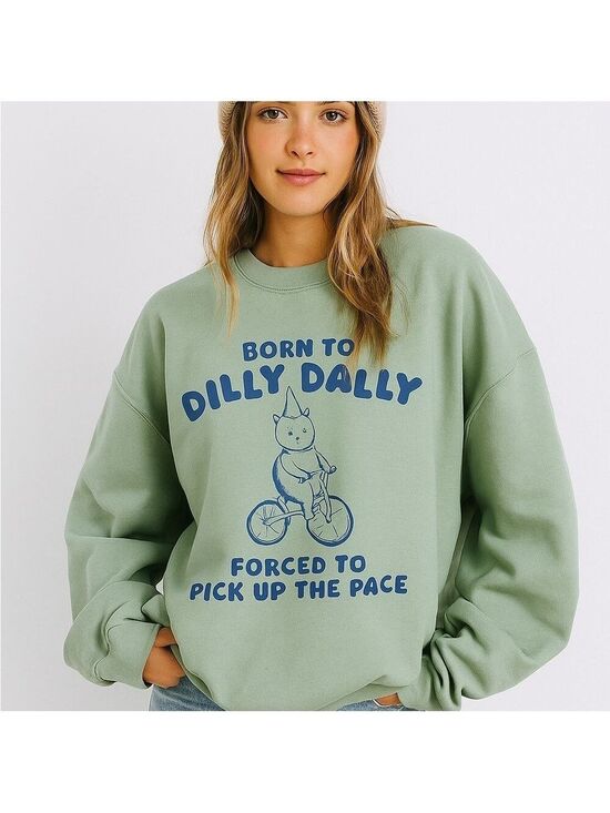 Boutique Tops - "Born to Dilly Dally" Oversized Sweatshirt - Funny Bear on Bike Crewneck